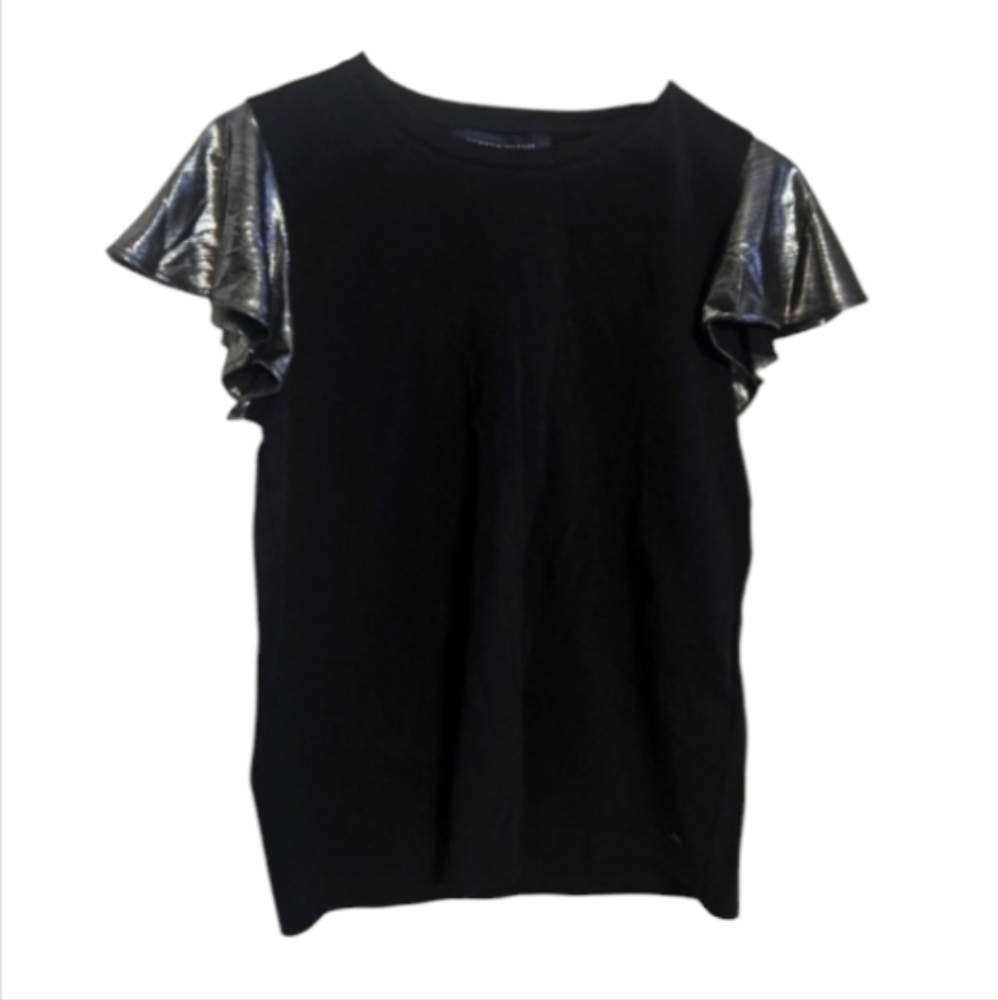 Tommy Hilfiger Black Silver Flutter Ruffle Sleeve Top NEW $60 XS Office Blouse